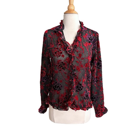 COLDWATER CREEK Sheer Velvet Burnout Ruffle Trim Floral Blouse Whimsigoth Small - Picture 2 of 14